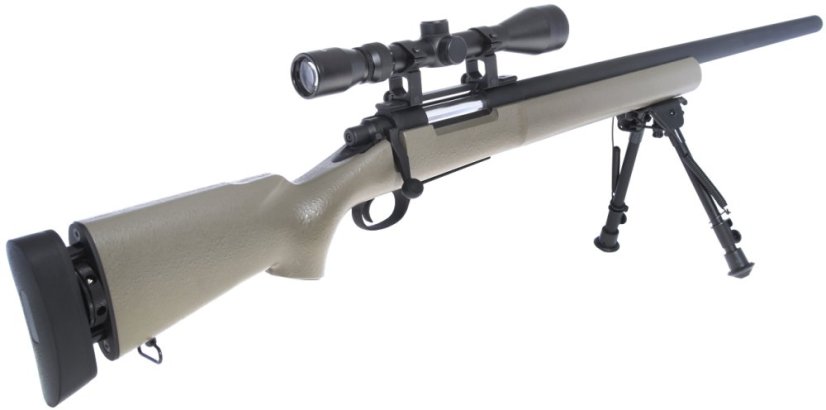 M24 Socom TAN, kétlábú állvány, távcső, Snow Wolf, SW-04T ++