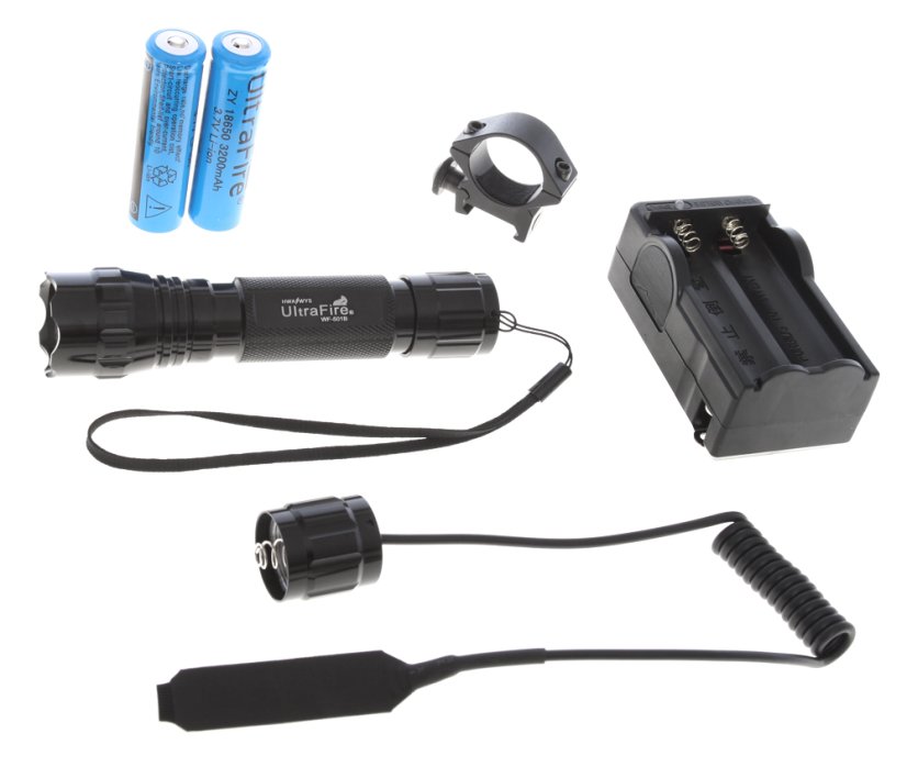 Tactical flashlight 900 lm, 2x batteries, charger, accessories, UltraFire