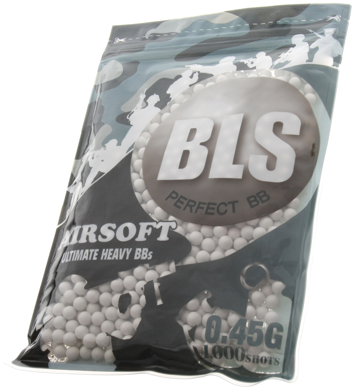 Airsoft BB-k, 0,45 g, 6 mm, fehér, 1000 db, kis tasak, BLS