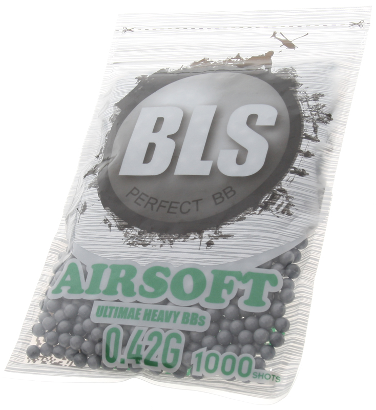 Airsoft BB-k, 0,42 g, 6 mm, szürke, rozsdamentes, 1000 db, kis tasak, BLS